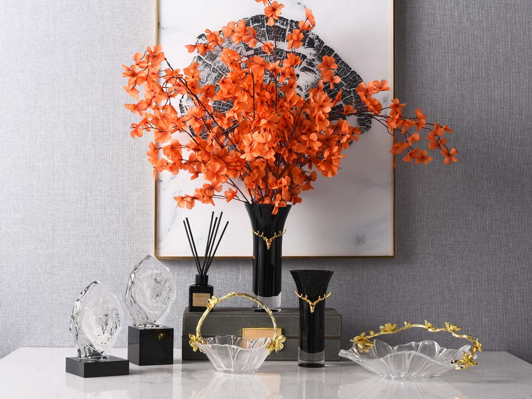 Glas frugtskål med metal guld blomster